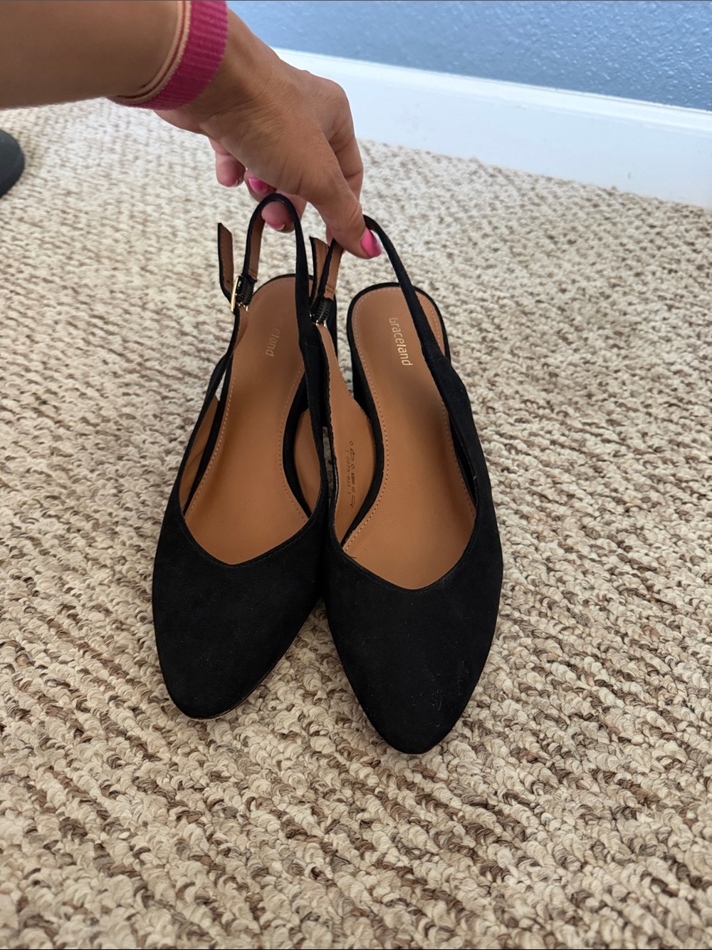Classic Black Suede Slingback Block Heels - Picture 2 of 12